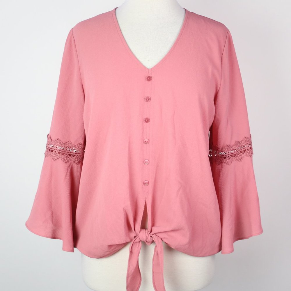 A. Byer Womens Large Bell Sleeve Tie Waist Blouse Top